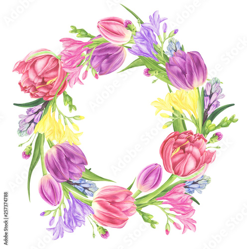 Flowers wreath with tulips, freesia and hyacinths, watercolor painting. For design cards, pattern and textile.