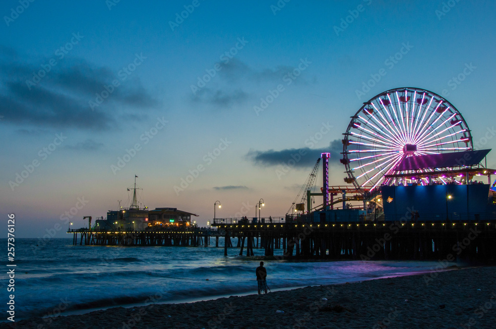 Ferris Wheel in Santa Monica, Night Los Angeles, California	 US