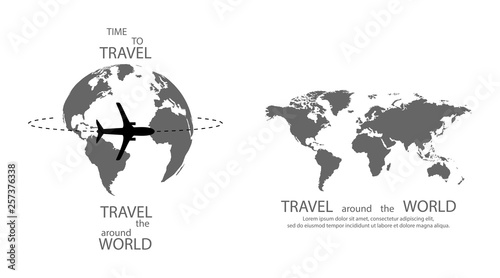 Poster, banner or logo for Travel company. Travel poster or banner. Earth map on background