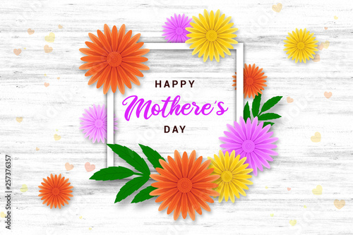 Mother s day greeting card with colorful blossom flowers and green leaf. Bright illustration with flowers and leaf