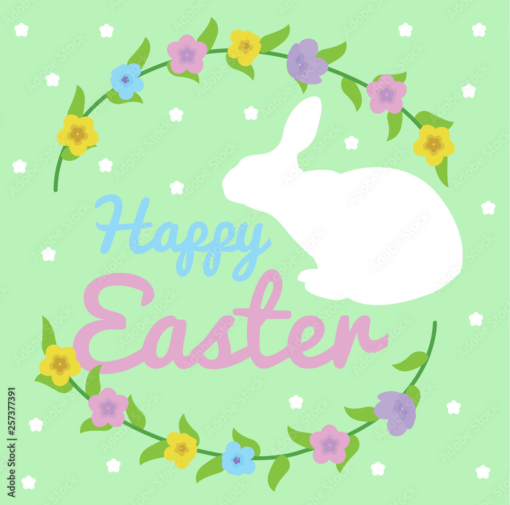 happy Easter card with rabbit sits and wreath of flowers