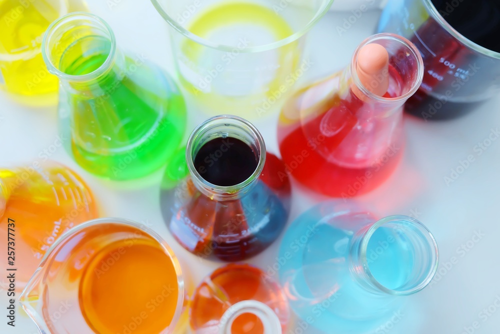 Chemical tube set development and pharmacy in laboratory with multicolored substances in laboratory - Image Chemical tube set development and pharmacy in laboratory with multicolored substances in laboratory - Image