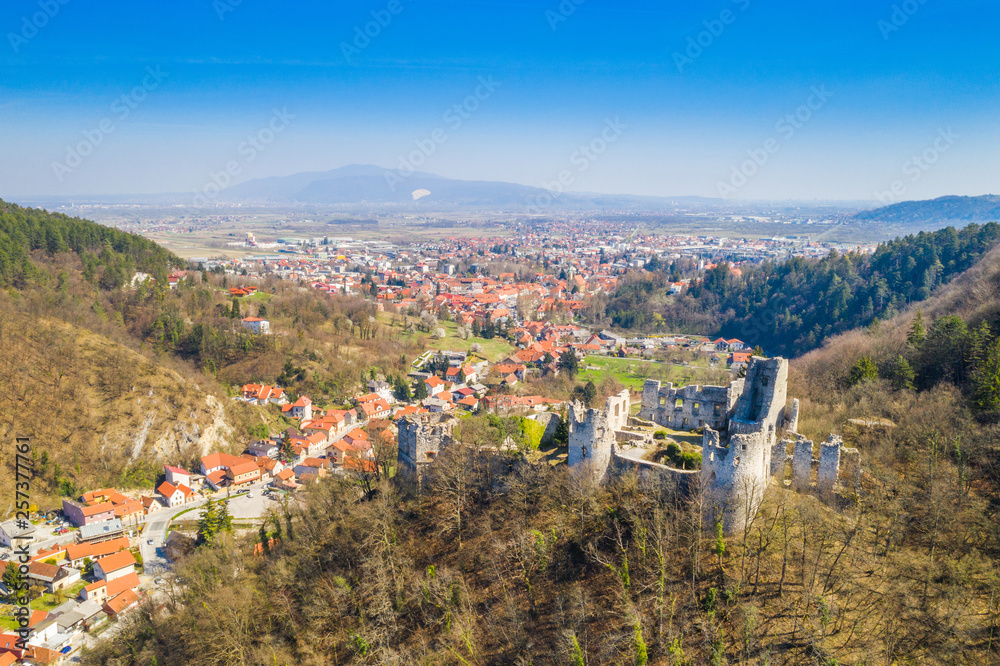 Croatia, Samobor, old abandoned medieval fortress ruins and landscape aerial view, city of Samobor ni background