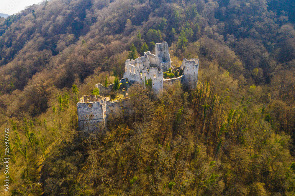 Croatia, Samobor, old abandoned medieval fortress ruins and landscape aerial view