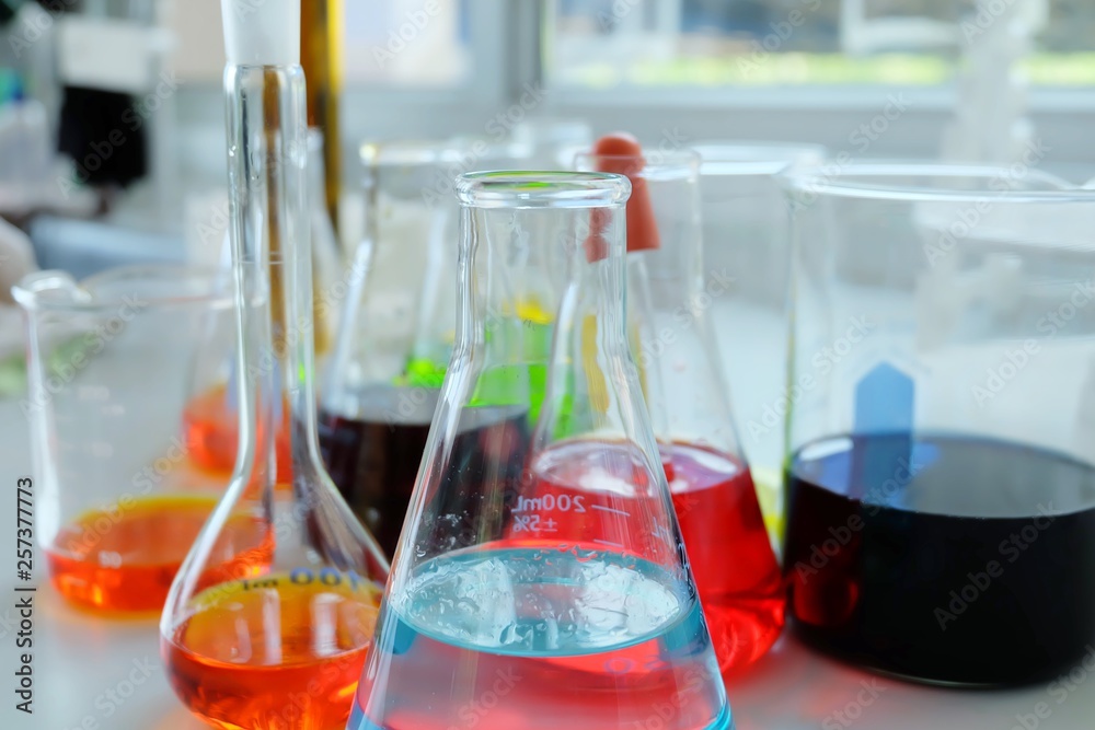 Chemical tube set development and pharmacy in laboratory with multicolored substances in laboratory - Image Chemical tube set development and pharmacy in laboratory with multicolored substances in laboratory - Image