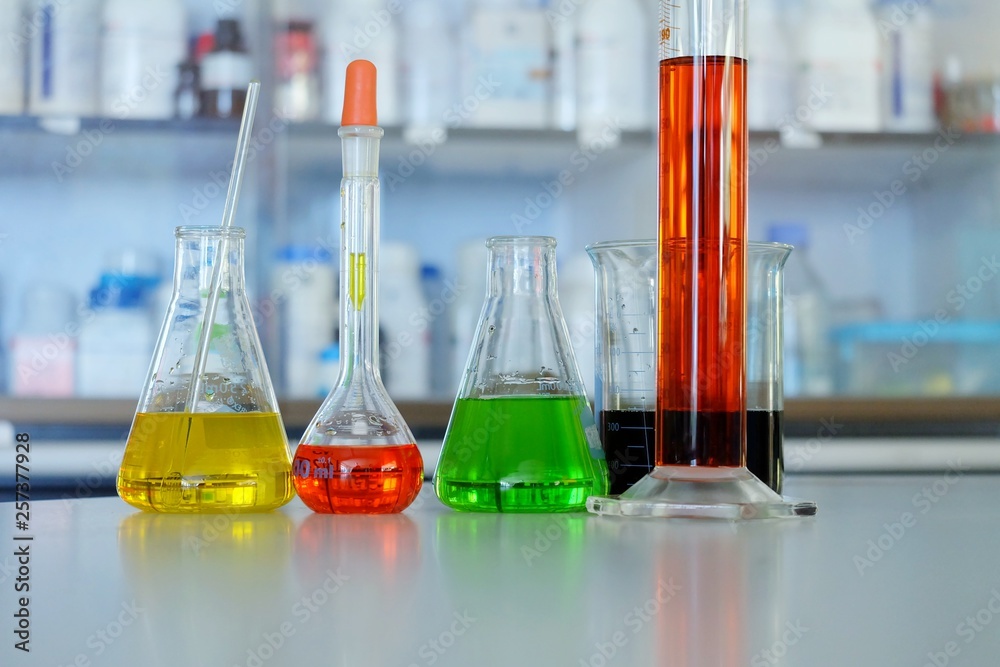 Chemical tube set development and pharmacy in laboratory with multicolored substances in laboratory - Image Chemical tube set development and pharmacy in laboratory with multicolored substances in laboratory - Image