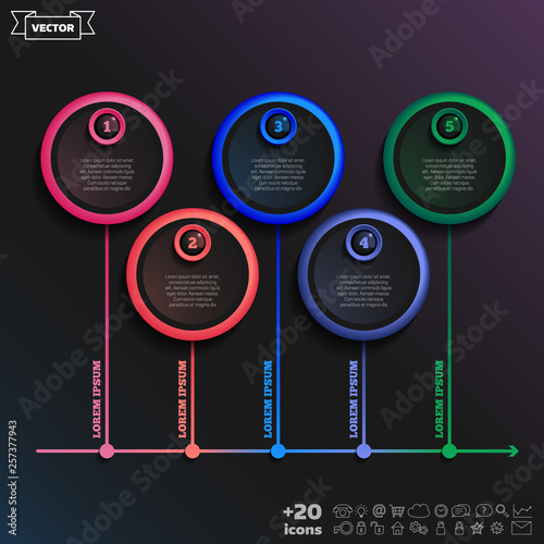 Timeline infographics design with colorful circle on the black background. Business concept. 5 options, parts, steps. Can be used for graph, diagram, chart, workflow layout, number options, web.