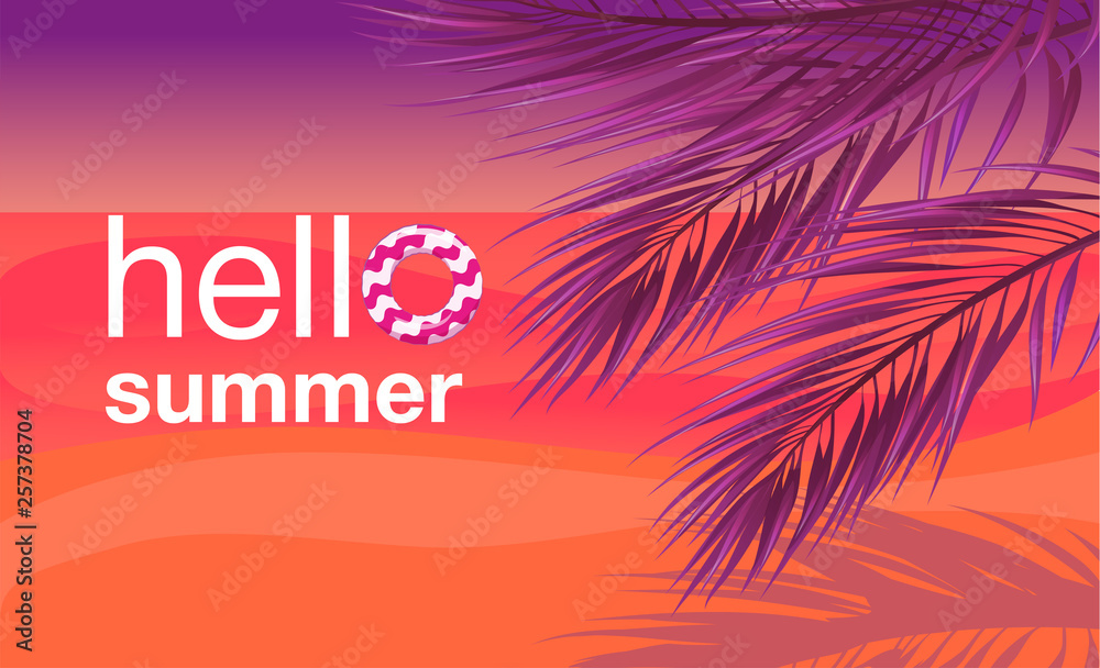 Tropical summer sunset vacation background vector. Hello summer! Palm leaves on the beach with the ocean, sunset.