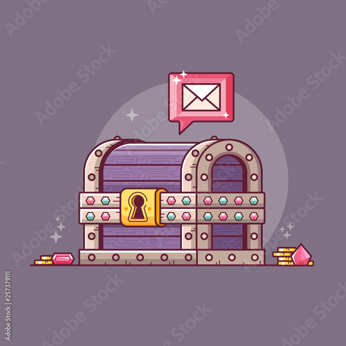 Getting email or important message concept with fantasy treasure chest. Receiving mail abstract RPG themed illustration. Opening magic box.