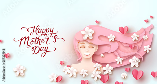 Postcard with paper flowers, pink hearts and woman on blue background. Vector symbols of love for Happy Mother's Day greeting card design.