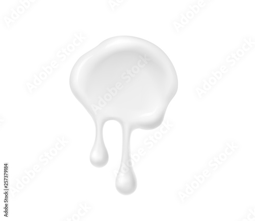 Milk drop, white water droplet or cream drip isolated on white background. Shampoo, gel or lotion skincare icon. Vector milky product template.