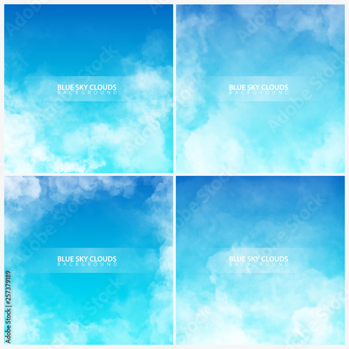 Set of Blue sky with white realistic clouds. Vector Illustration.