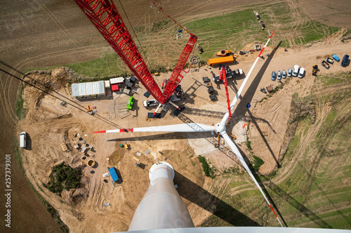 Assembled rotor blades of a wind turbine are seen from high above photo