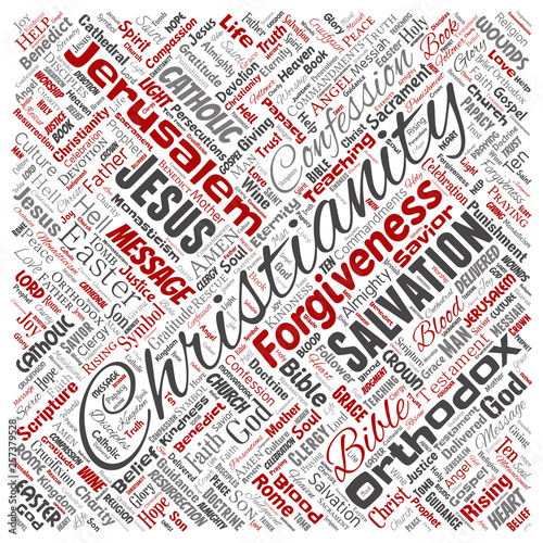 Vector conceptual christianity, jesus, bible, testament square red  word cloud isolated background. Collage of teachings, salvation resurrection, heaven, confession, forgiveness, love concept