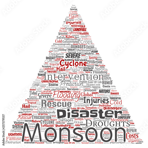 Vector conceptual monsoon dangerous weather triangle arrow meteorology word cloud isolated background. Collage of tropical dramatic storm force, strong wind blowing, rain hail thunderstorm concept