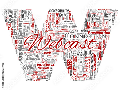 Vector conceptual webcast or webinar letter font red communication online network education word cloud isolated background. Collage of future presentation seminar, multicast global streaming concept