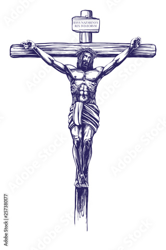 Jesus Christ, the Son of God, crucified on a wooden cross, symbol of Christianity hand drawn vector illustration sketch