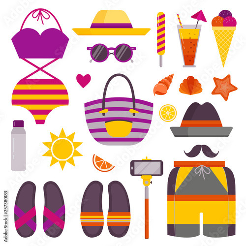 Beach stuff and accessories icon set. Summer holidays sea recreation sunbathing elements with bathing suit, flip flops, shorts, beach bag, hat, selfie stick, cocktail, ice-cream, shells and starfish.