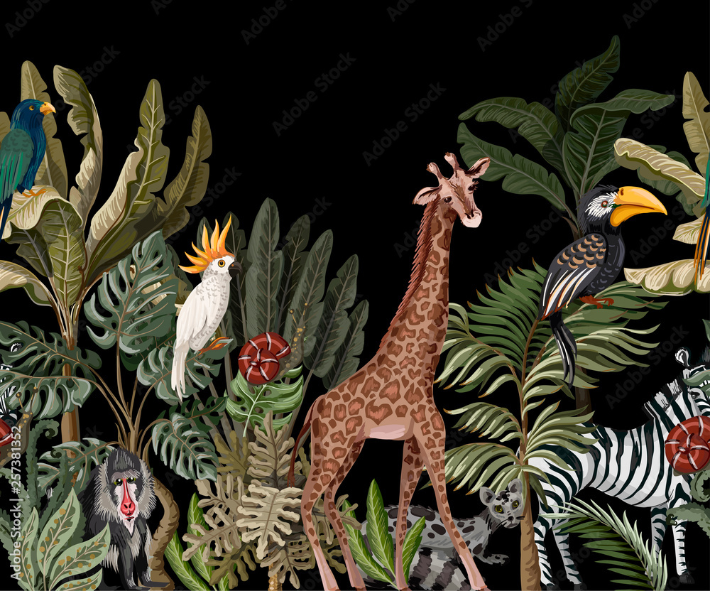 Naklejka premium Seamless border with tropical tree such as palm, banana and jungle animals. Vector.