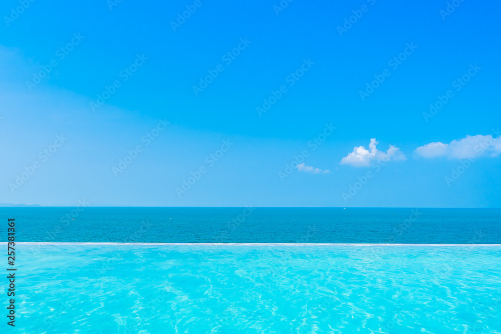 Beautiful landscape of sea ocean with outdoor swimming pool on white cloud