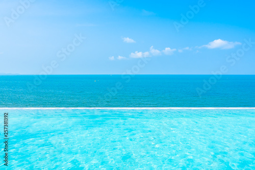 Beautiful landscape of sea ocean with outdoor swimming pool on white cloud