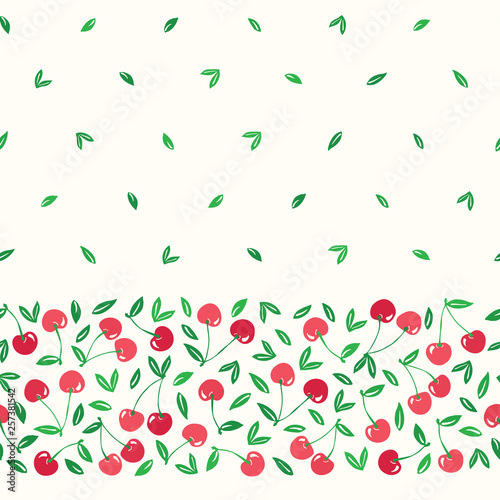 Whimsical hand-drawn red cherries vector seamless horizontal border pattern background. Colorful Summer Fruits