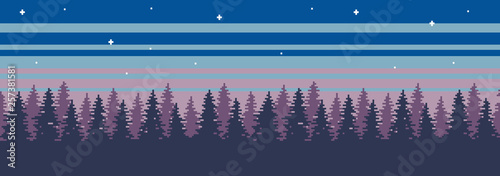 pixel art 8bit game landscape forest and sunset sky