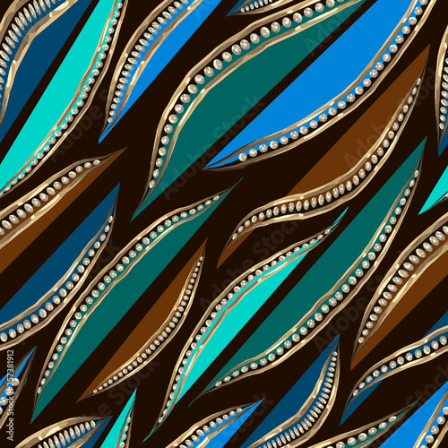 Jewelry vector seamless pattern. Abstract blue, green and brown petals in gold frame with diamonds. Luxury background. Template for trendy textile, wallpaper, print, web, carton, banner.