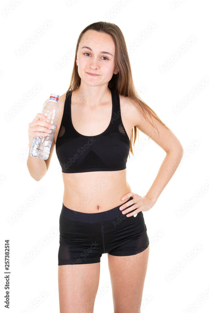girl with water bottle concept of healthy nutrition and sport lifestyle isolated over white background girl with water bottle concept of healthy nutrition and sport lifestyle isolated over white background
