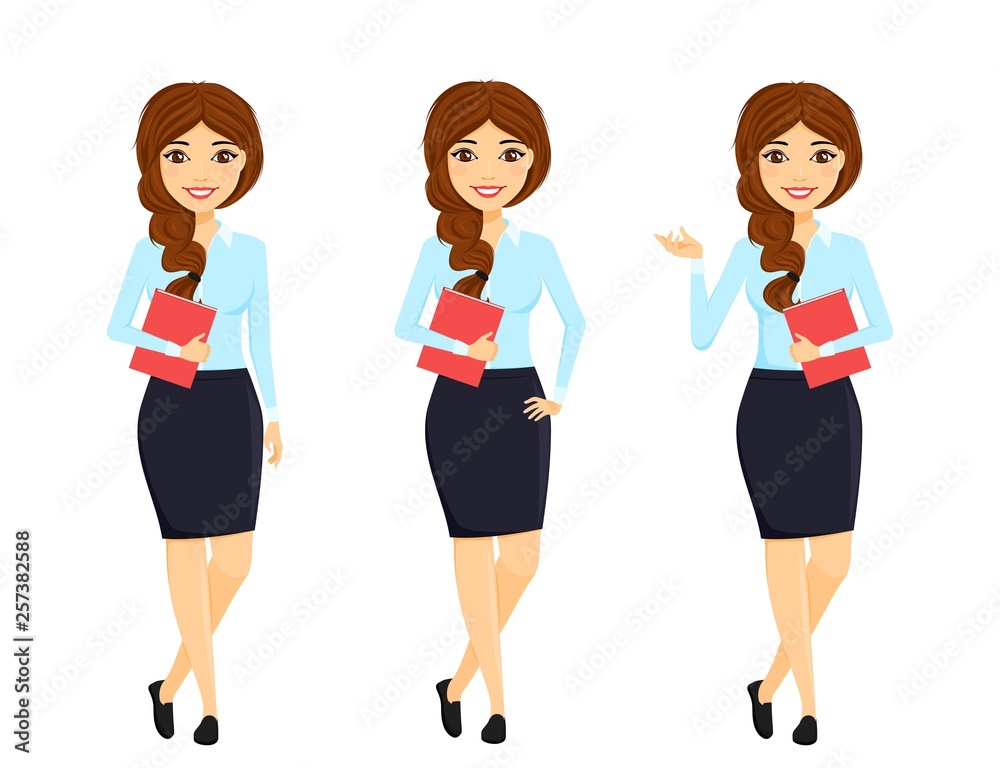 Set, beautiful girl in a business suit and in different poses. Office work. Character. Business and Finance. Set, beautiful girl in a business suit and in different poses. Office work. Character. Business and Finance.