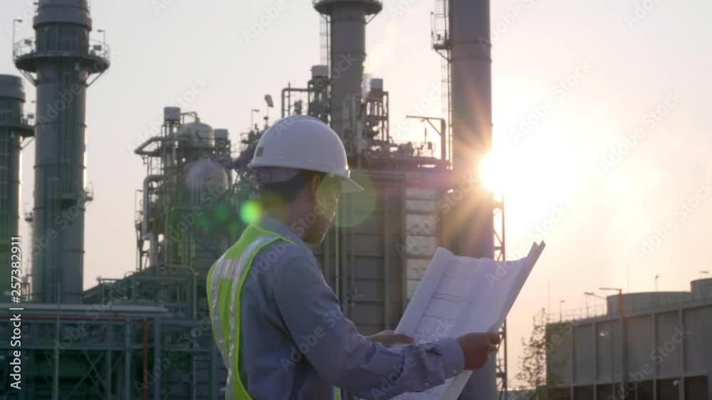 Engineers male are looking at blueprint for workers security control at power plant. Energy power station area with sky, sunset. Concept safety,industry
