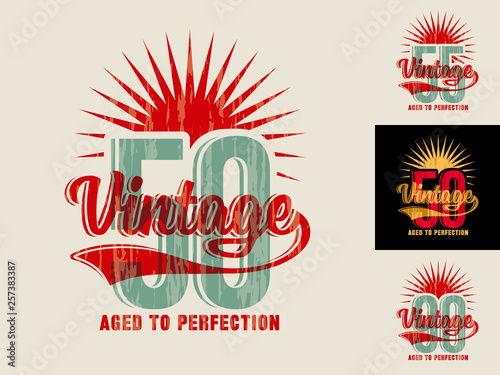 Template for making jubilee greeting card, invitation, poster, t-shirt print, etc., in vintage style with text – Aged to Perfection. For 50, 55, 90 jubilee.