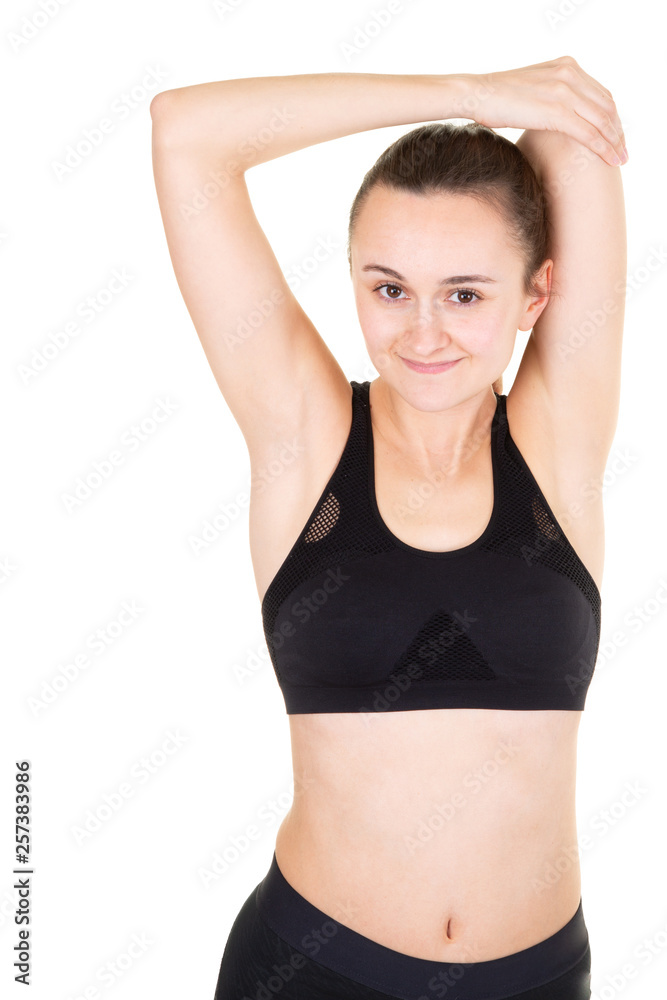Beautiful young sports blonde woman make fitness exercises isolated Beautiful young sports blonde woman make fitness exercises isolated