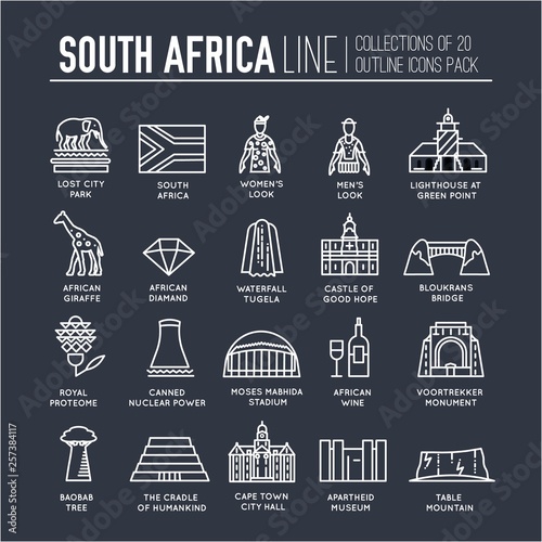 Country South Africa travel vacation of place and feature. Set of architecture, fashion, people, item, nature background concept. Infographic traditional ethnic flat, outline, thin line icon