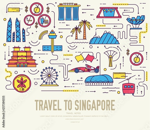 Country Singapore travel vacation guide of goods, place and feature. Set of architecture, fashion, people, item, nature background concept. Infographic traditional ethnic flat, outline, thin line icon