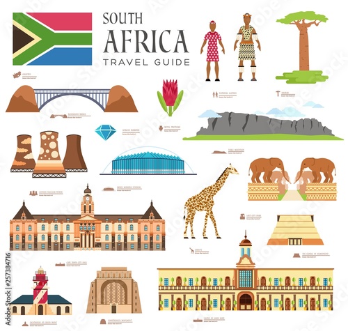 Country South Africa travel vacation guide of goods, places and features. Set of architecture, fashion, people, items, nature background concept. Infographic template design on flat style
