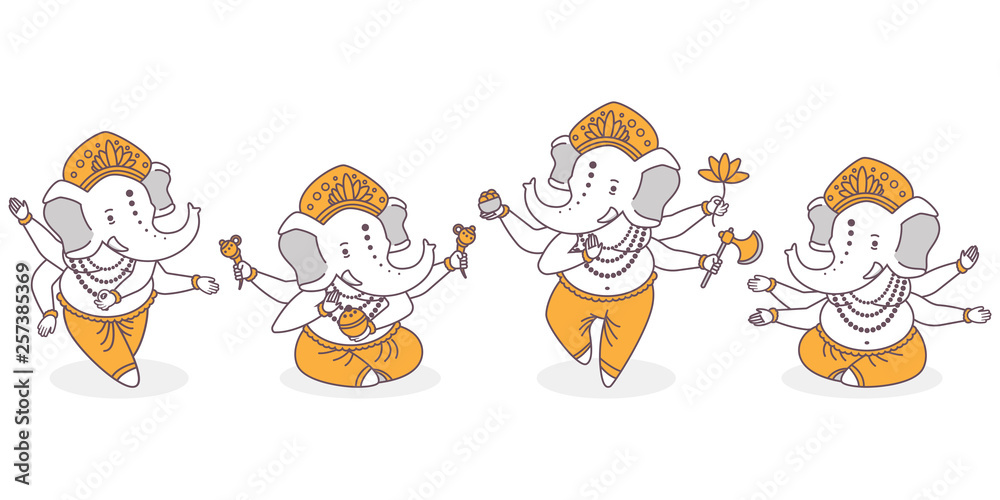 Lord Ganesha vector cartoon cute characters set. Hindu god with elephant  hand in dance and lotus pose isolated on white background. Stock Vector |  Adobe Stock