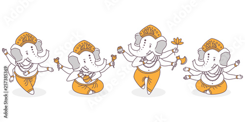 Lord Ganesha vector cartoon cute characters set. Hindu god with elephant hand in dance and lotus pose isolated on white background.