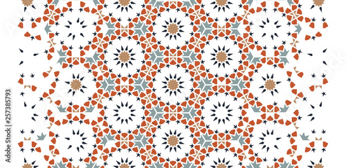Arabesque vector seamless pattern. Geometric halftone texture with color tile disintegration or breaking