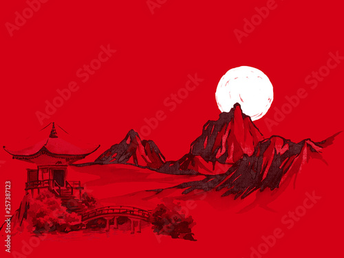 Japan traditional sumi-e painting. Watercolor and ink illustration in style sumi-e, u-sin. Fuji mountain, sakura, sunset. Japan sun. Indian ink illustration. Japanese picture, red background.
