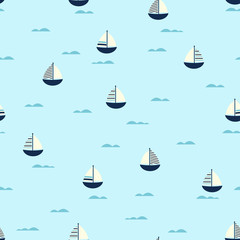 Papier peint photo Vagues de la mer patrons Petits bateaux mignons motif enfantin  © StockVector