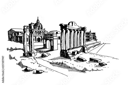 vector sketch of Ancient ruins of Roman Forum or Foro Romano, Rome, Italy.
