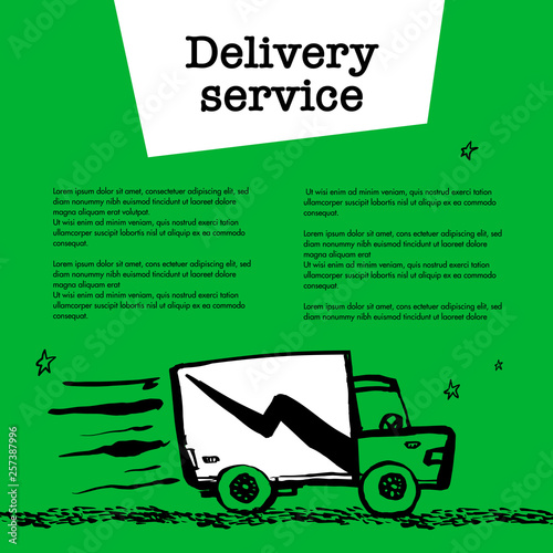 Delivery service concept. Web banner with Delivery guy handing a box on green background. Doodle ink style vector illustration.