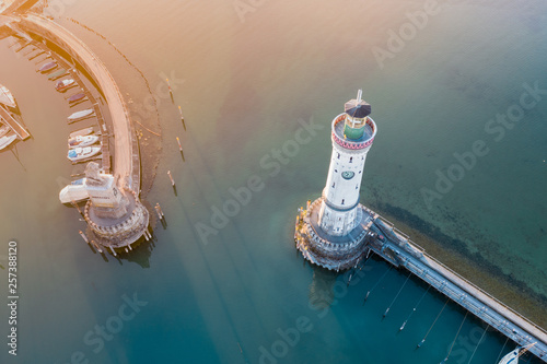 Top-Down aerial view of the Lighthouse in Lindau Harbour, Lake Constance, Bavaria, Germany photo