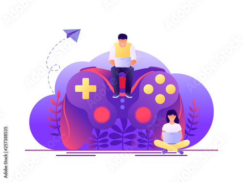 Video game, playing online. Large gamepad with sitting tiny people characters. Flat concept vector illustration for web page, banner, presentation.