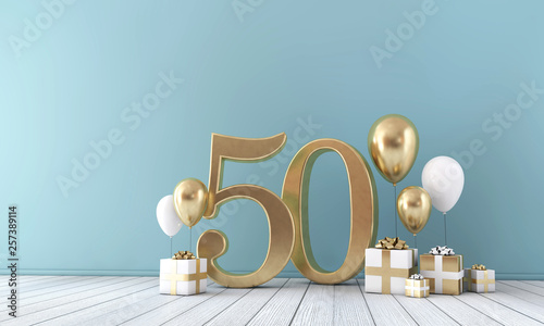 Number 50 party celebration room with gold and white balloons and gift boxes. 