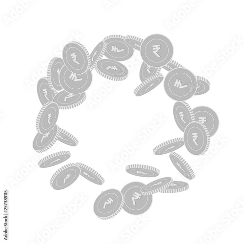 Indian rupee coins falling. Scattered black and wh