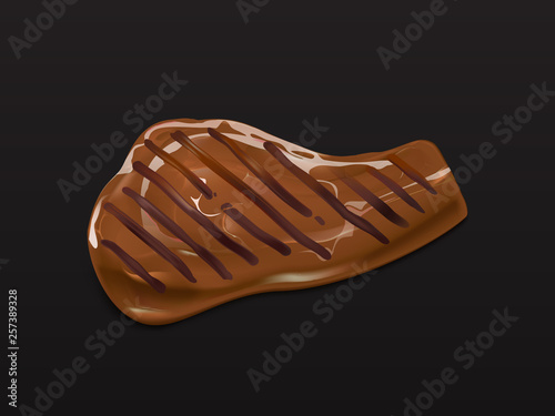 Fried, roasted ribeye beef steak, pork or lamb tenderloin grilled on barbeque realistic vector isolated on black background. Bbq party, picnic meat dish with grill stripes, cooked on pan illustration
