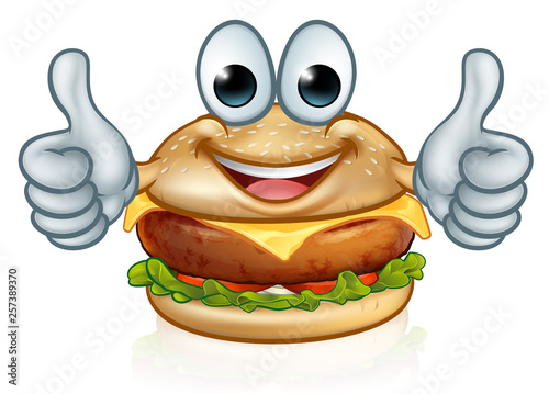 A burger cartoon character food mascot giving a thumbs up