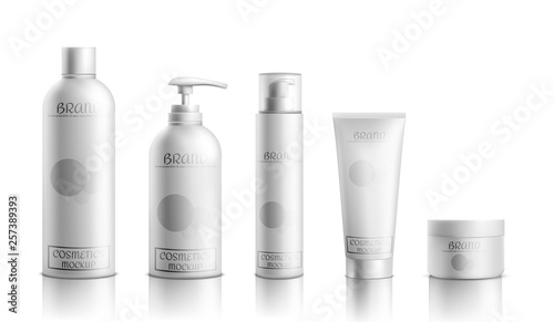 Skincare cosmetics products line packaging mockup 3d realistic vector isolated on white background. Blank white shampoo, lotion tube, liquid soap bottle with dispenser, deodorant sprayer illustration